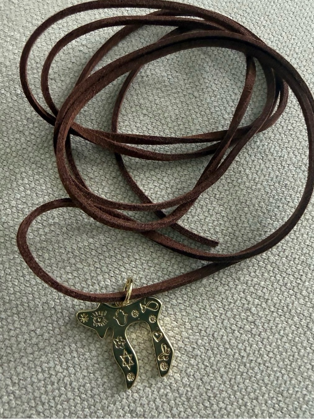 Gold-tone Chai Symbol Pendant on Brown Suede Cord